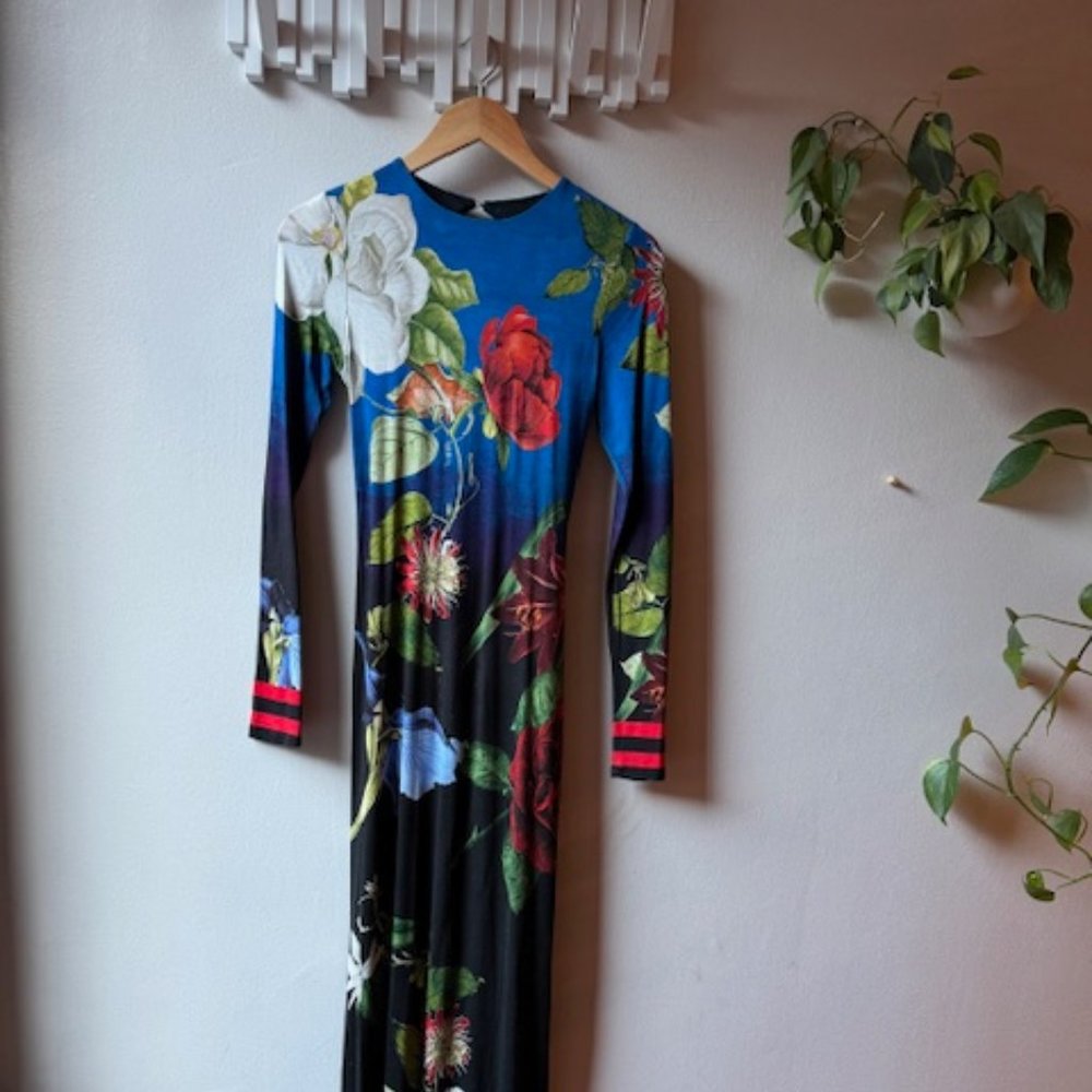 Alice + Olivia Delania Blue and Black Floral Maxi Dress with Red Accents